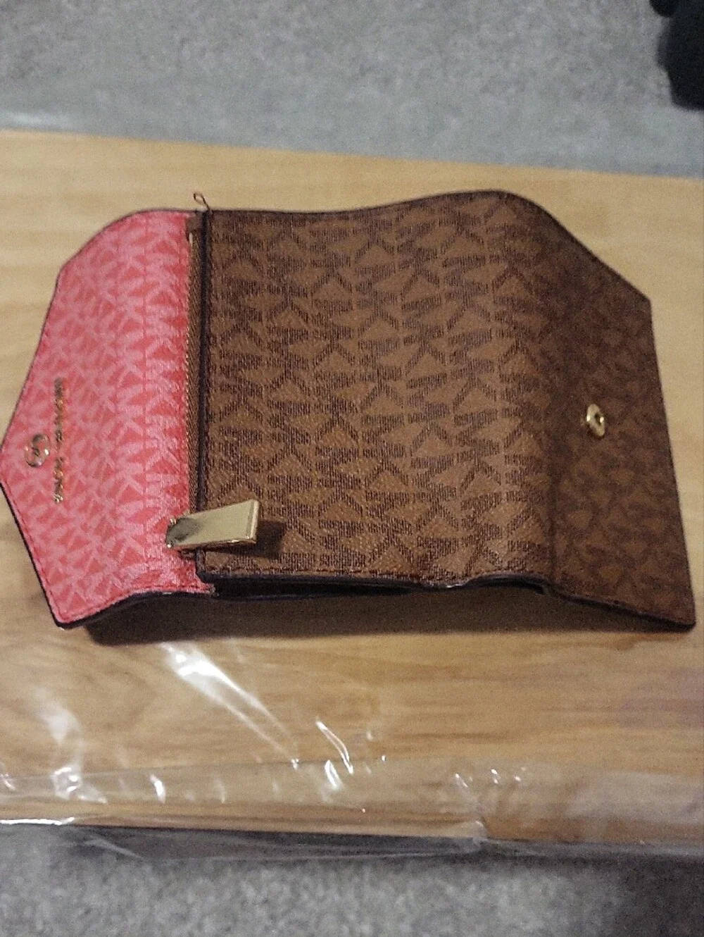 Michael Kors Two-Tone Pink & Brown MK Monogram Trifold Wallet